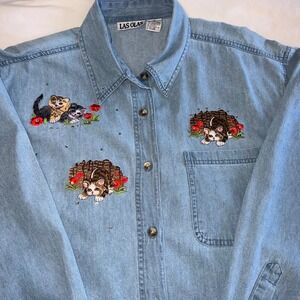 Vintage Cat Lover Denim Shirt & Kitty Tee Embroidered Cats Cottagecore Size XL